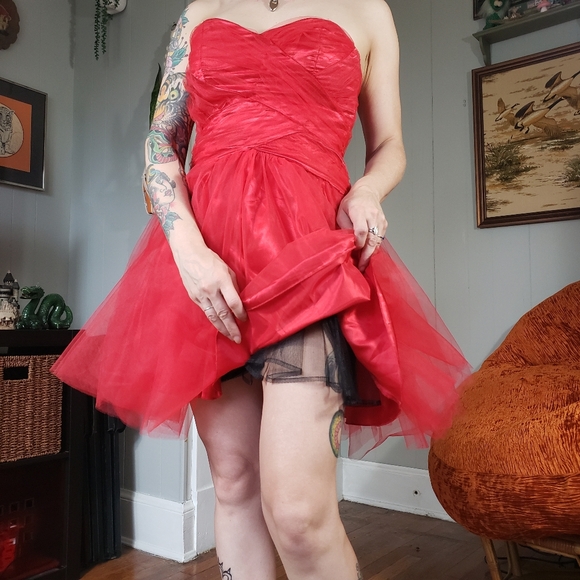 SOLD 80s Vintage Red Tulle Minidress Medium Sheer 1980s Prom Party Mini Dress - Picture 6 of 15